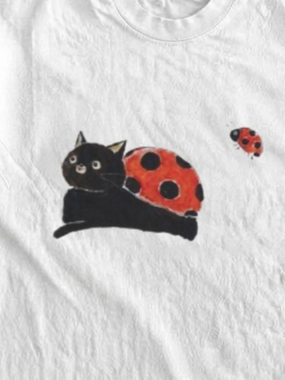 Gildan White Tee with Black Cat and Red Ladybug Print